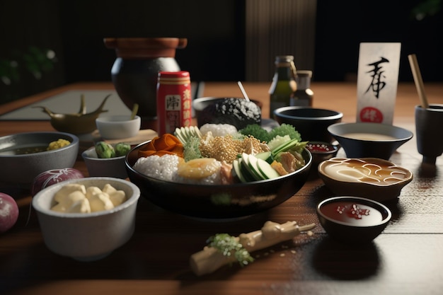 Uma mesa com uma placa que diz 'comida japonesa' nela