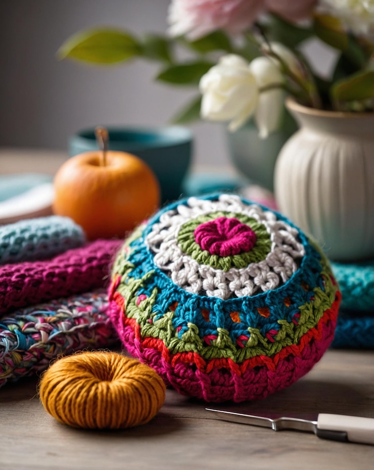 Foto uma mesa com uma planta em vaso e um objeto crochetado sobre ela