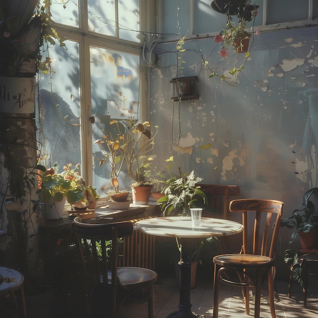 uma mesa com uma planta em vaso sobre ela