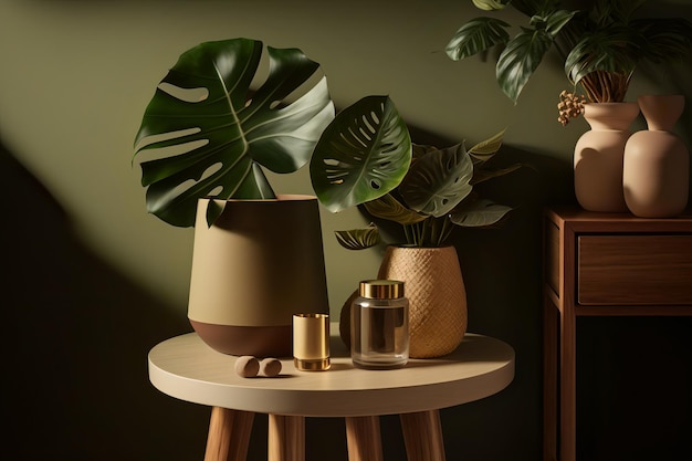 Uma mesa com uma planta sobre ela e um vaso sobre ela