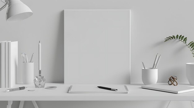 Foto uma mesa com uma tela em branco uma lâmpada uma planta e alguns materiais de escritório a mesa tem uma cor branca o fundo é uma parede branca