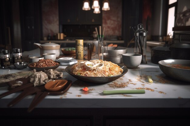 Uma mesa com uma tigela de comida e uma garrafa de cerveja chinesa.