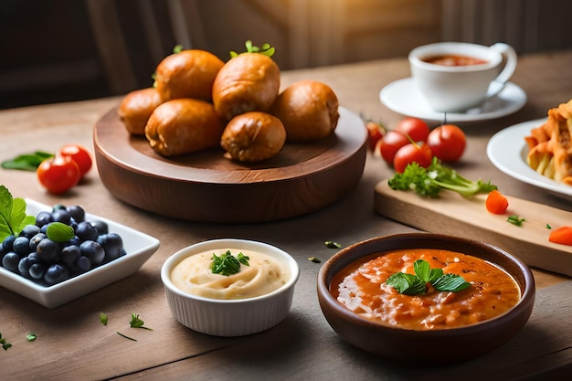 Uma mesa com uma tigela de comida e uma tigela de mirtilos e molho