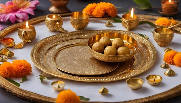 uma mesa com uma tigela de ouro e itens de ouro sobre ela
