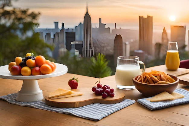 uma mesa com uma tigela de queijo, frutas e um copo de leite.