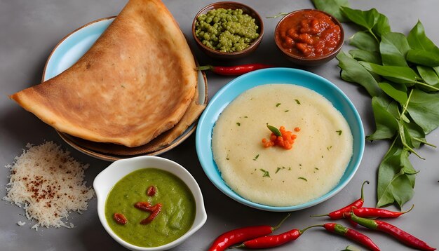 Foto uma mesa com uma tigela de sopa, uma tigela e uma tigela