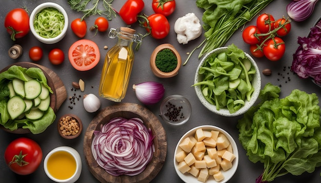 uma mesa com uma tigela de vegetais, incluindo cebolas, tomates, cebolas e alho