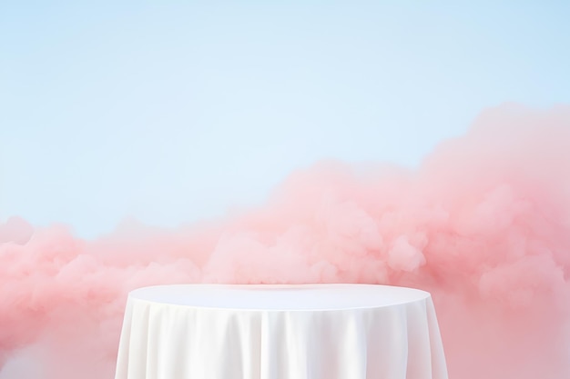 Uma mesa com uma toalha branca e uma nuvem rosa atrás dela