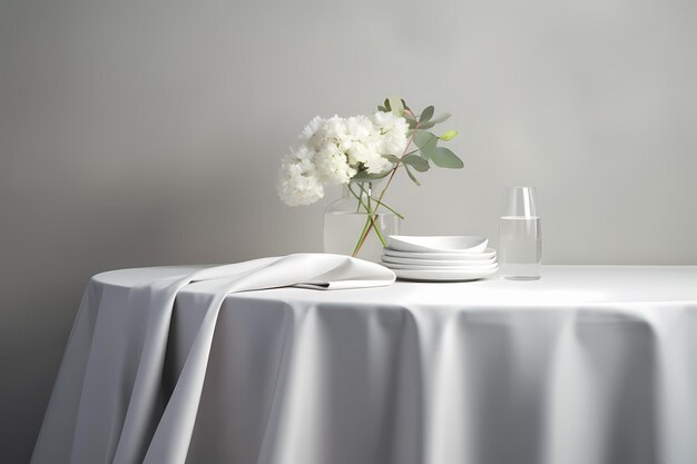 Foto uma mesa com uma toalha de mesa branca e um vaso com flores