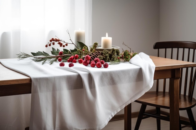 Uma mesa com uma toalha de mesa branca e uma toalha de mesa branca com frutas vermelhas e uma vela branca.