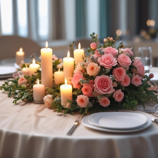 Foto uma mesa com uma toalha de mesa e um buquê de rosas sobre ela