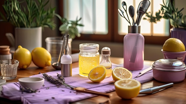 Uma mesa com uma toalha de mesa roxa, limões, saleiros e pimenteiros e uma garrafa de suco de limão.