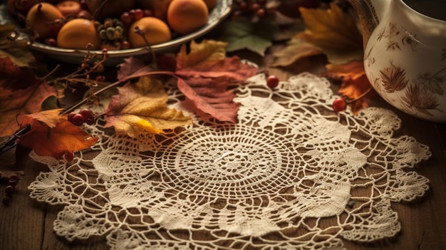 Uma mesa com uma toalha de renda e uma tigela de folhas de outono