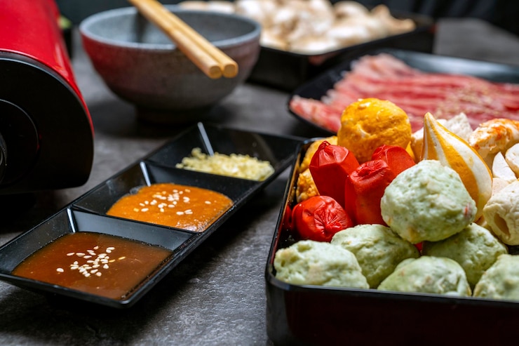 Foto uma mesa com uma variedade de alimentos e condimentos