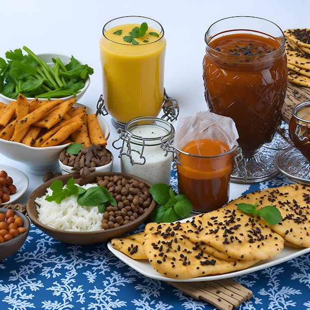 Uma mesa com uma variedade de alimentos, incluindo pão, feijão e leite.