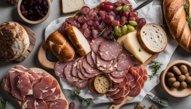 uma mesa com uma variedade de diferentes tipos de alimentos, incluindo queijo de carne e queijo