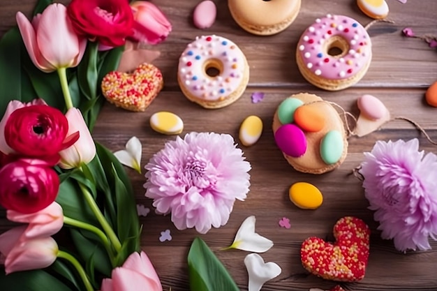 Uma mesa com uma variedade de donuts e uma flor rosa.