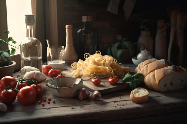 Uma mesa com uma variedade de massas e tomates