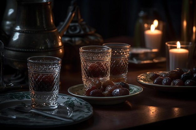 Uma mesa com uma vela e taças de vinho