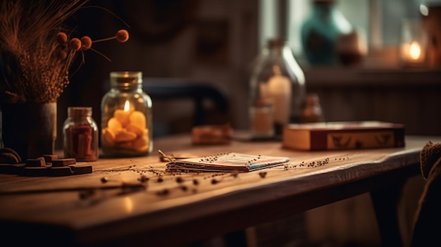 Uma mesa com uma vela e um livro sobre ela