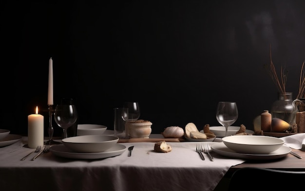 Uma mesa com uma vela e um prato de comida