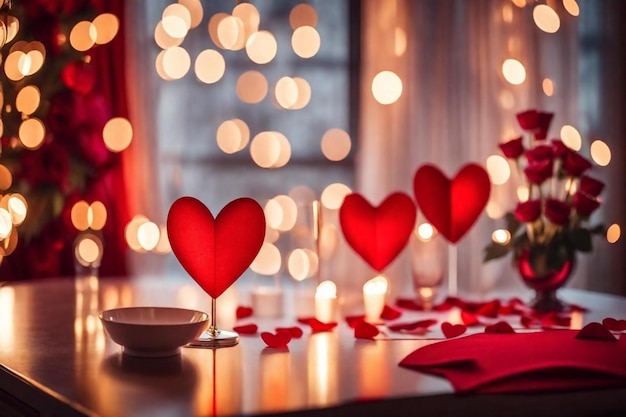 uma mesa com uma vela em forma de coração vermelho e uma vela no meio