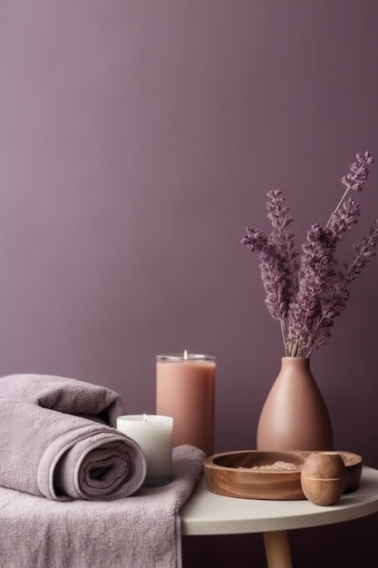 Uma mesa com uma vela, velas e um vaso de lavanda.