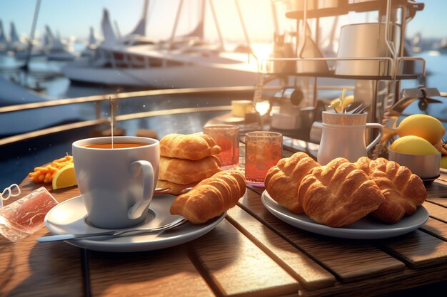 Uma mesa com uma xícara de café e um croissant