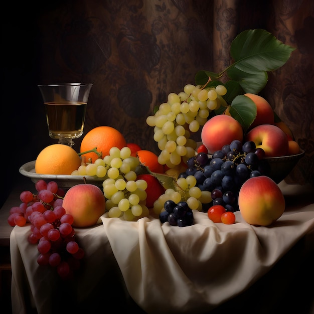 Foto uma mesa com uvas, uvas e uma taça de vinho.