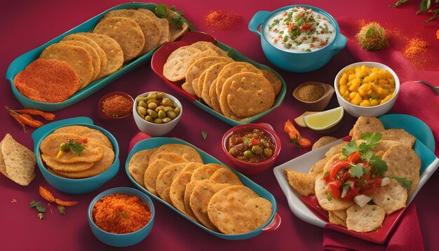 uma mesa com várias bandejas de comida, incluindo tortilhas, salsa e salsa