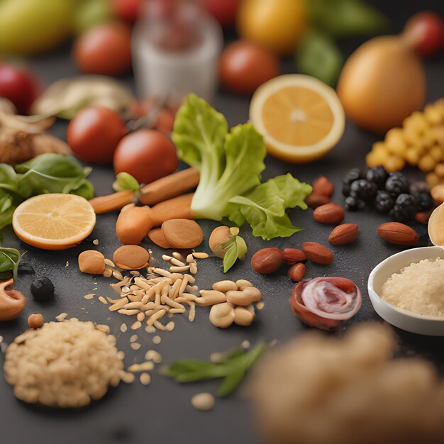 Foto uma mesa com vários alimentos, incluindo amêndoas de arroz e outros ingredientes