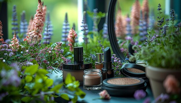 Foto uma mesa com vários cosméticos e um espelho com flores no fundo