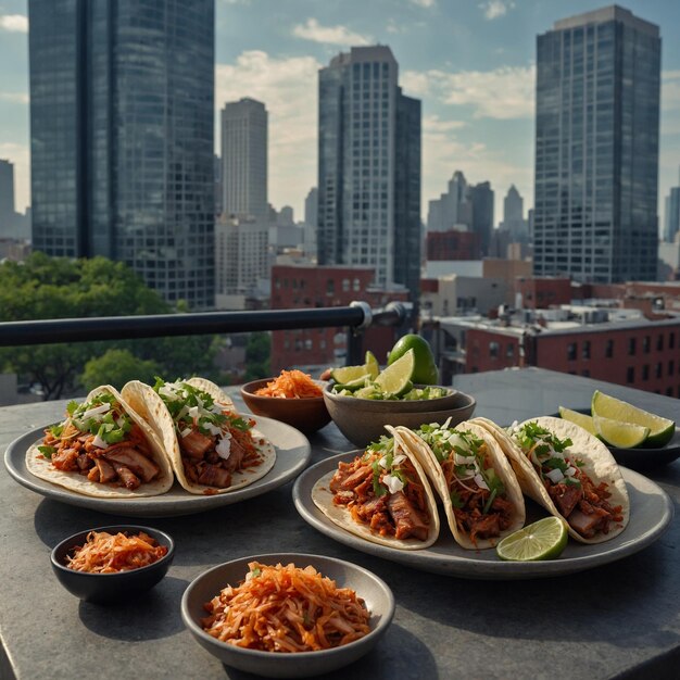 Foto uma mesa com vários pratos de comida, incluindo tacos e um horizonte da cidade ao fundo