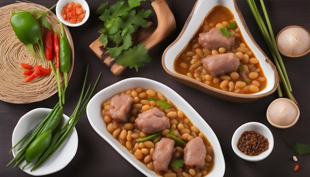 Foto uma mesa com vários pratos, incluindo feijão, carne e legumes