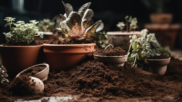 Uma mesa com vasos de terra e plantas sobre ela