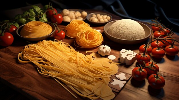 Foto uma mesa com vegetais de pasta e cogumelos nele