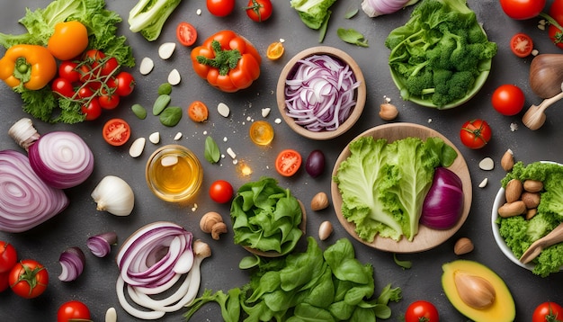 uma mesa com vegetais, incluindo cebolas, tomates, cebolas e cebolas