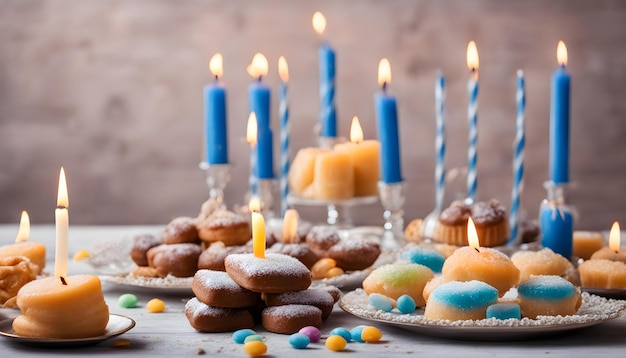 uma mesa com velas azuis e velas azouis que dizem donuts