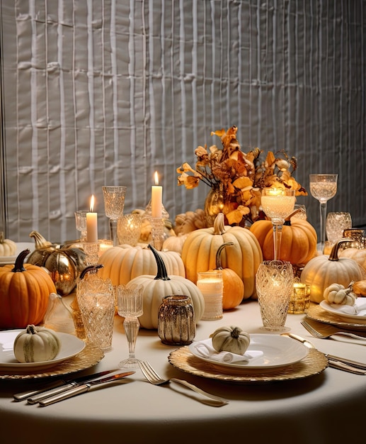 uma mesa com velas de abóboras e flores no centro para uma elegante decoração de recepção de casamento de outono