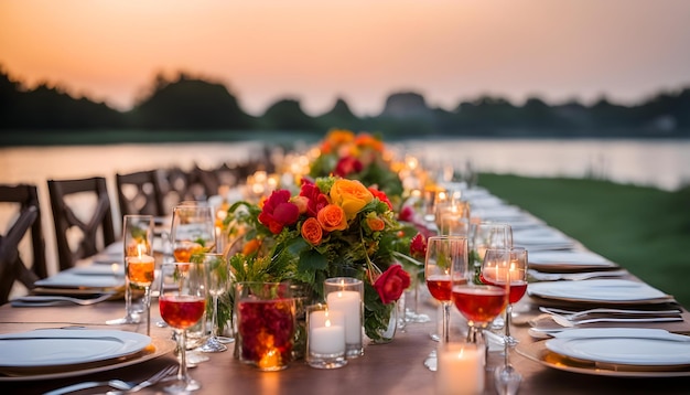 uma mesa com velas e flores e uma vela acesa