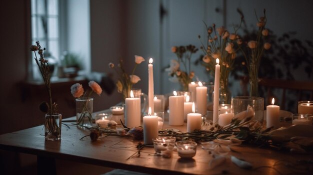 Uma mesa com velas e flores