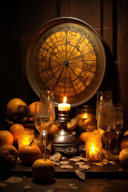 Uma mesa com velas e laranjas.