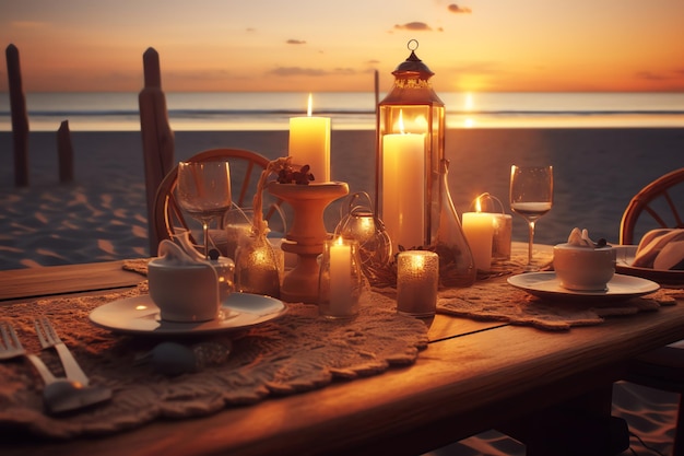 Uma mesa com velas e um pôr do sol na praia