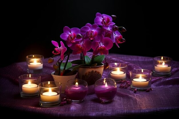 Uma mesa com velas e uma orquídea roxa sobre ela