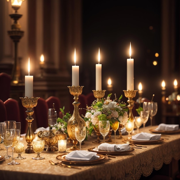 Uma mesa com velas e uma vela sobre ela