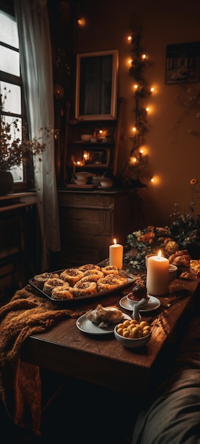 Uma mesa com velas e velas com uma vela em cima