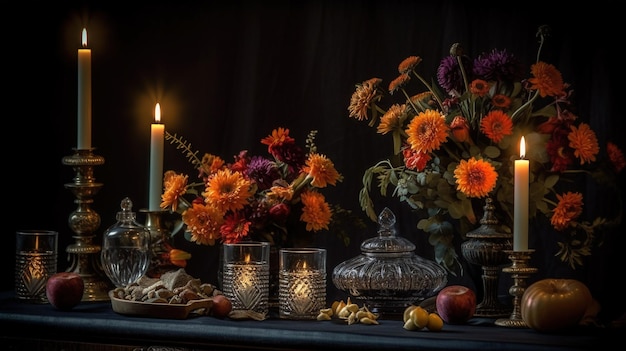 Uma mesa com velas, flores e uma vela.