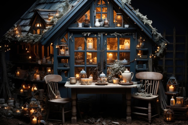 Uma mesa com velas na frente de uma casa Imagem de IA geradora