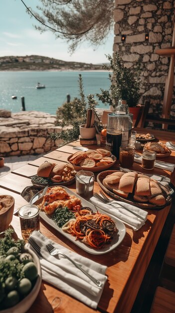 Uma mesa com vista para o mar e um prato de comida sobre ela