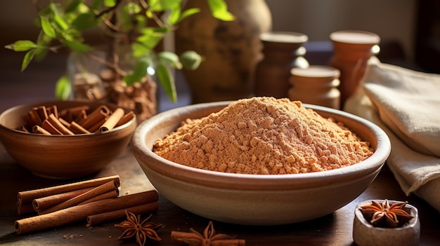 Uma mesa de artesãos com pauzinhos de canela cuidadosamente dispostos ao lado de uma tigela vibrante de pó de canela fresco